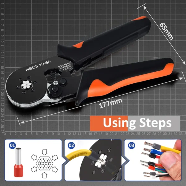 Kit d'outils de sertissage de virole à cliquet auto-réglable, manchons de virole, fil politiquement, hexagonal, 23-7AWG, 0.25-10 mm² – Image 4