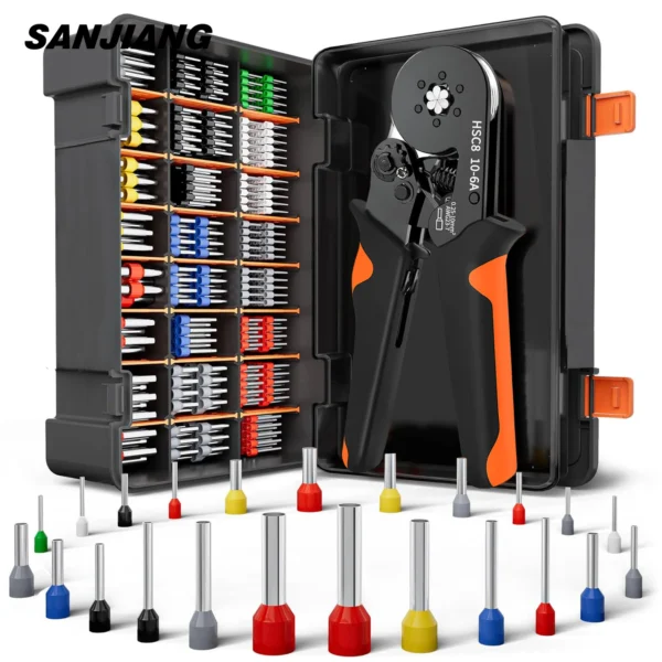 Kit d'outils de sertissage de virole à cliquet auto-réglable, manchons de virole, fil politiquement, hexagonal, 23-7AWG, 0.25-10 mm²