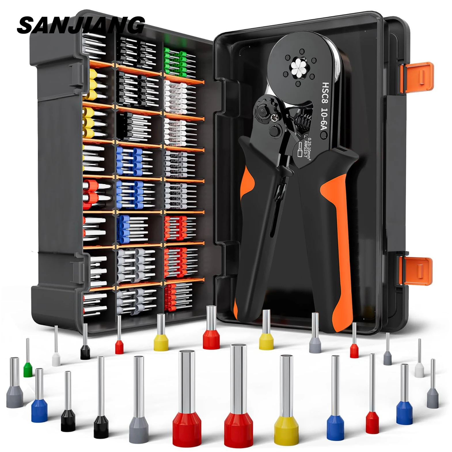 Kit d’outils de sertissage de virole à cliquet auto-réglable, manchons de virole, fil politiquement, hexagonal, 23-7AWG, 0.25-10 mm²