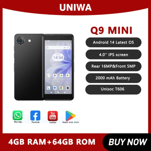 UNIWA Q9MIN 4G Smartphone 4.0 pouces affichage petit téléphone 4GB RAM + 64GB ROM 16MP 2000mAh SOS Android 14 NFC Unisoc T606